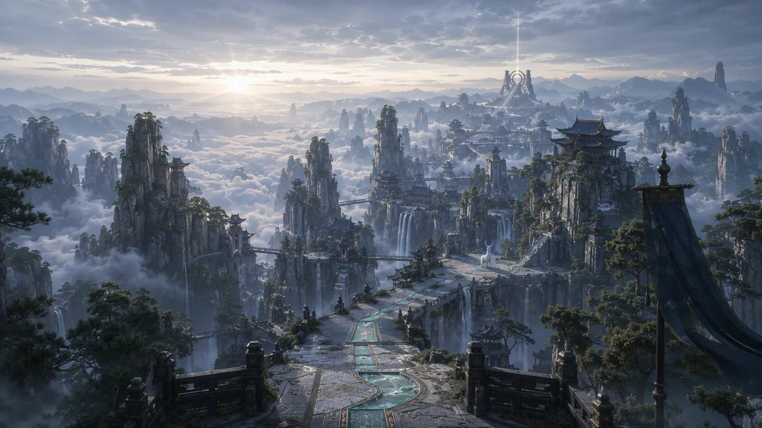 A connected mountain realm of bridges, sanctuaries, waterfalls, and inhabited routes above the cloud sea.