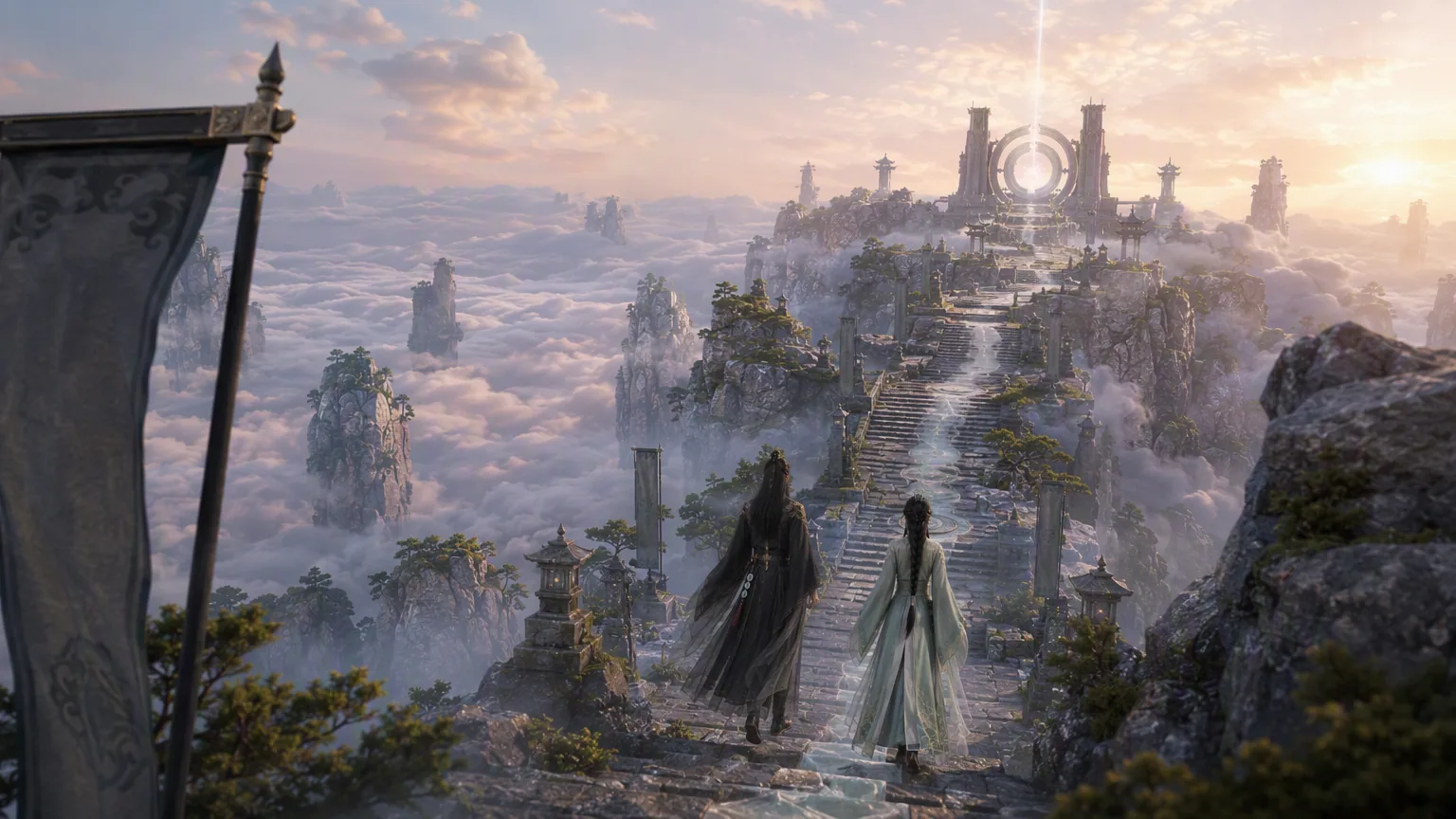 Yan and Luo ascending together toward the Meridian Gate at sunrise.