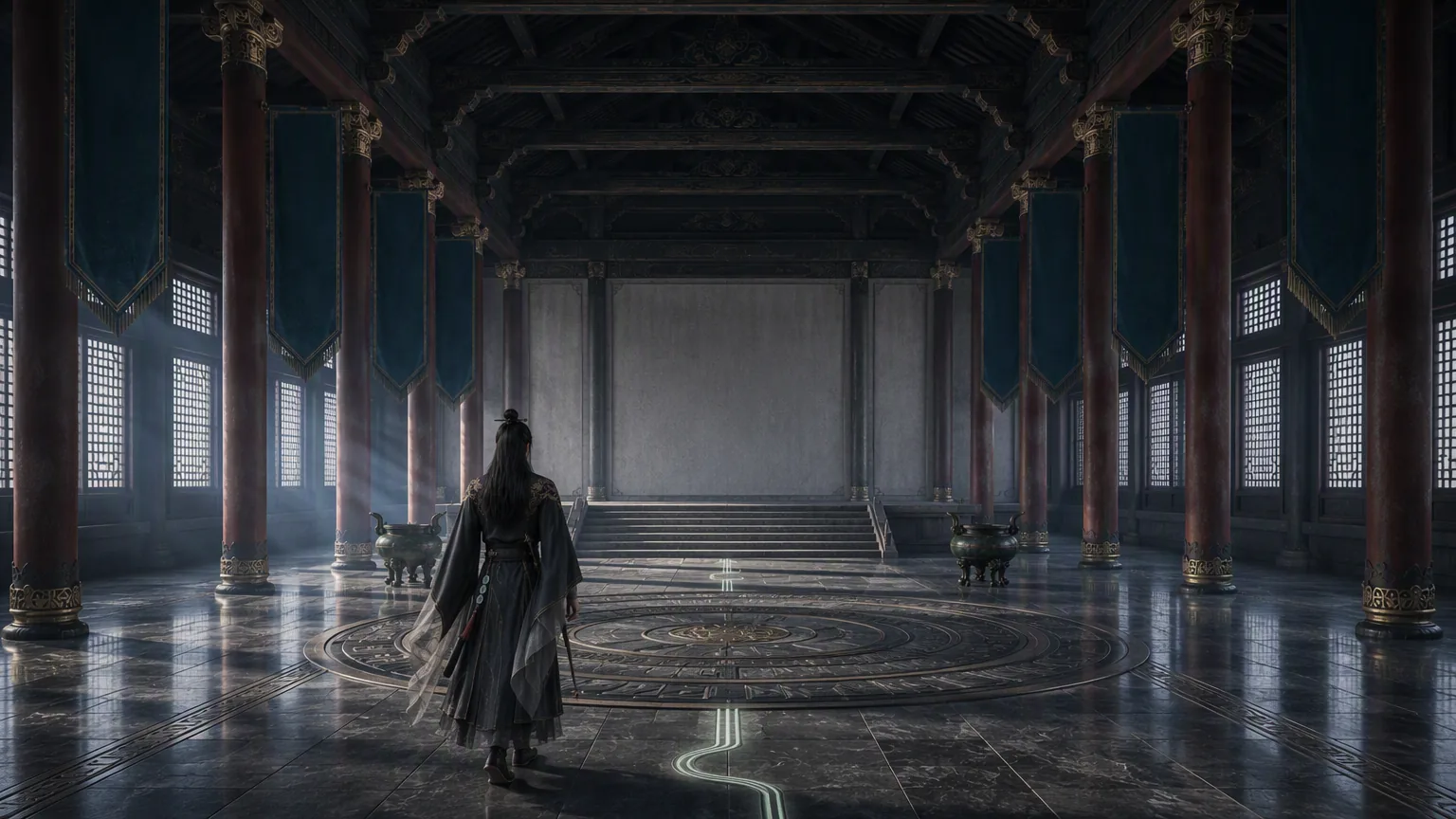 Yan Qinghe entering the quiet Hall of Still Thunder along its central inlay.