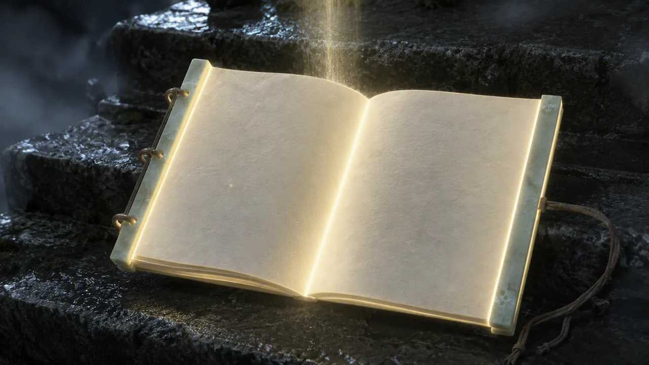 A jade-bound manuscript opening with warm light at its binding.