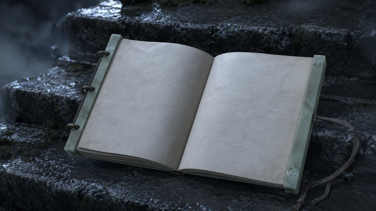 A closed jade-bound manuscript resting on dark stone.