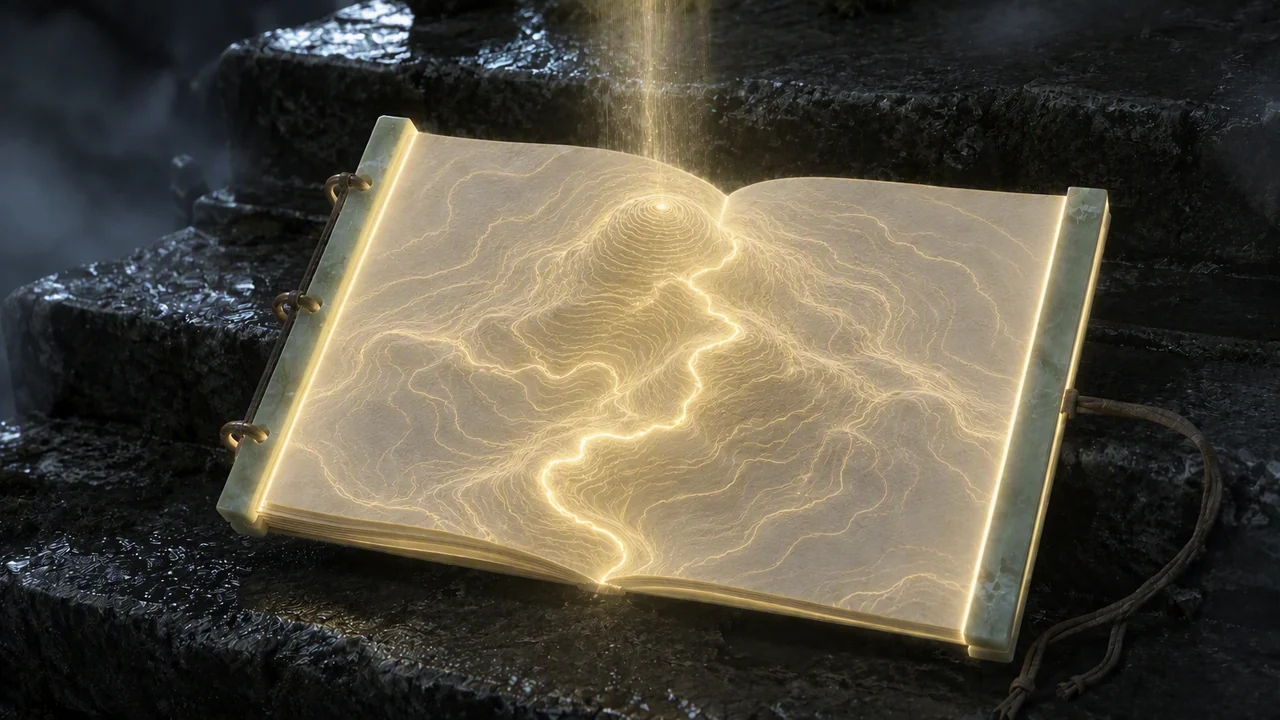 Luminous route lines resolving across an open manuscript.