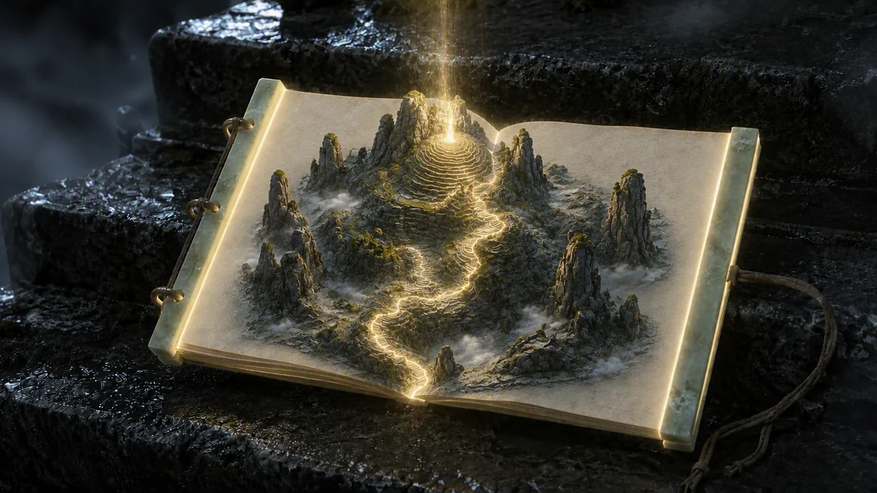 Stone terrain rising from the pages of an illuminated manuscript.