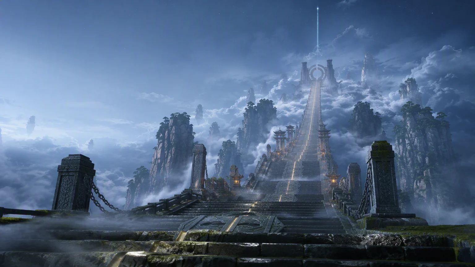 The dormant Ascension Approach rising through cloud toward the distant Meridian Gate before dawn.