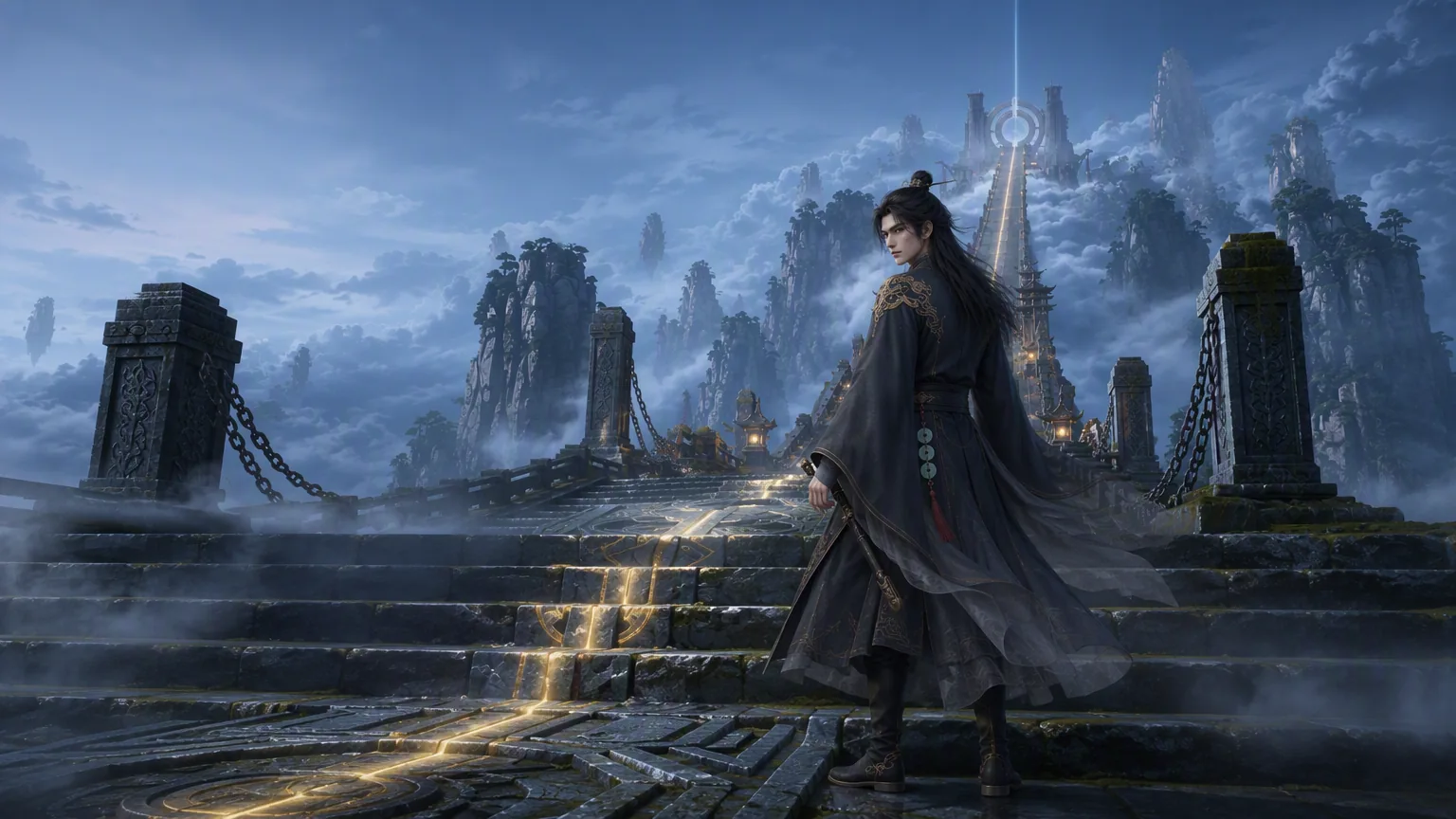 Yan Qinghe looking back once on the Ascension Approach while the Meridian route glows beneath him.